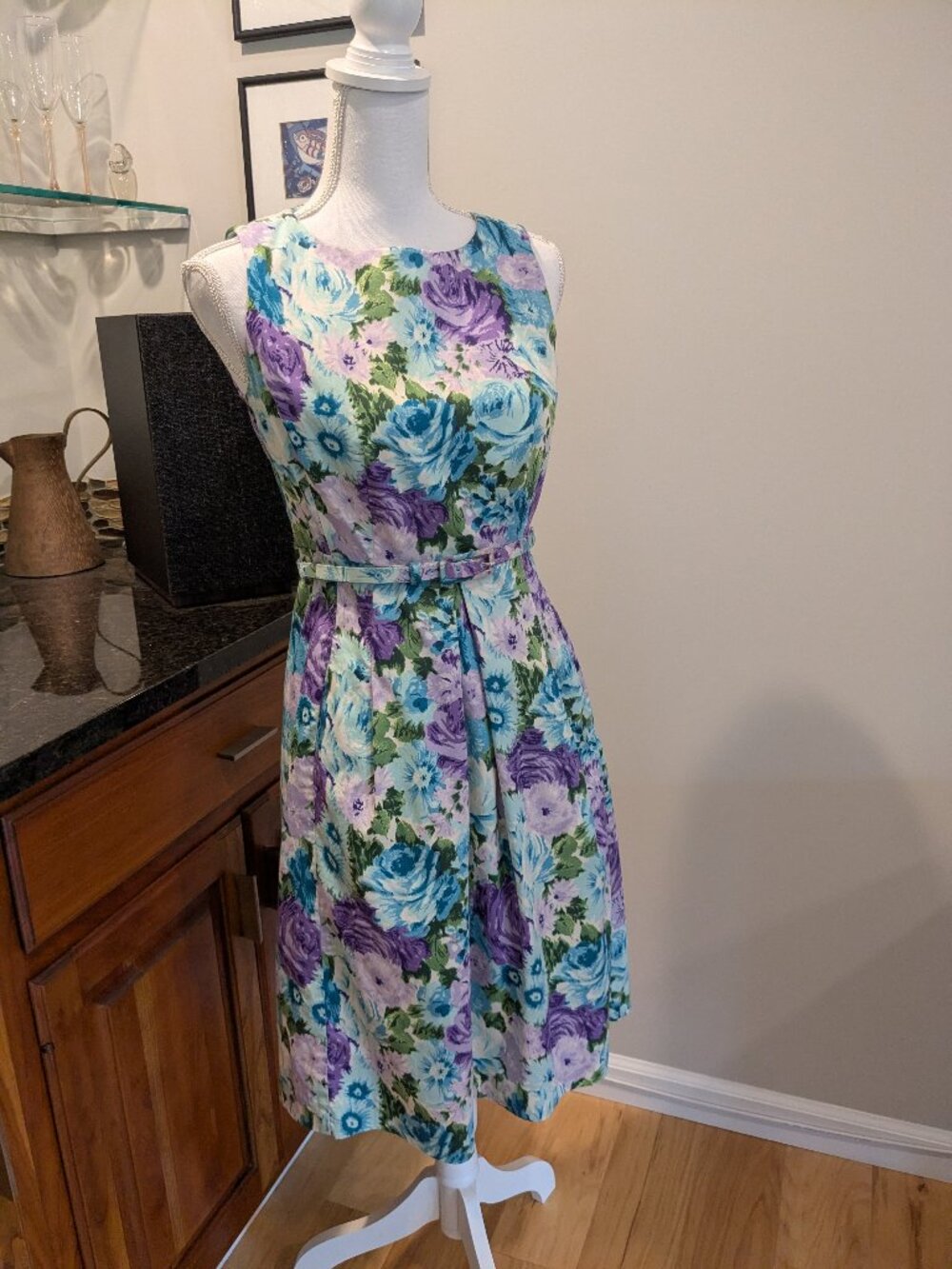 Talbots Petites 2P Floral Sleeveless Dress Belted Fit & Flare Pockets Flowers